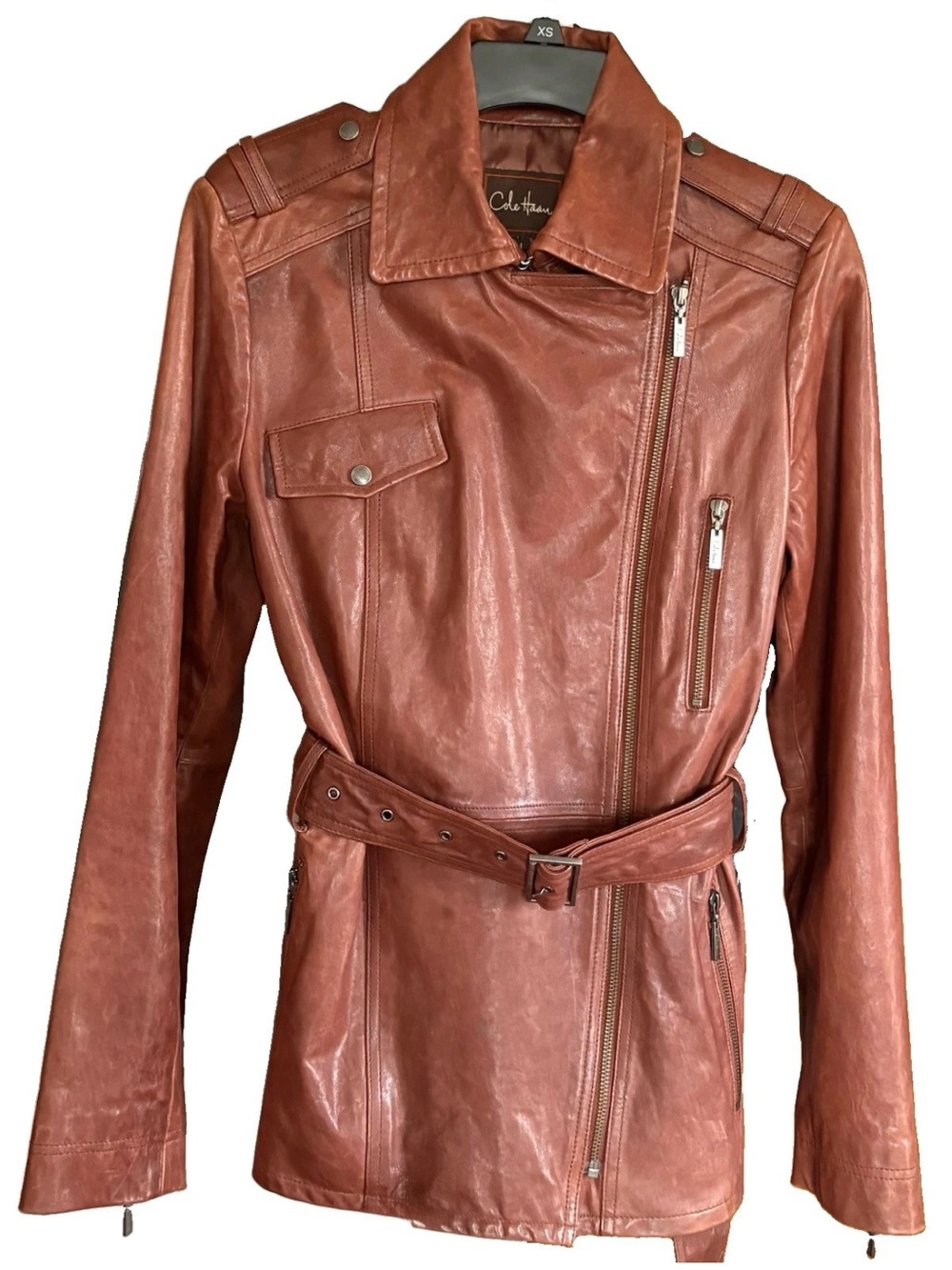 COLE HAAN Cognac Lambskin Leather
Motorcycle Biker Belted Jacket Asymmetrical M